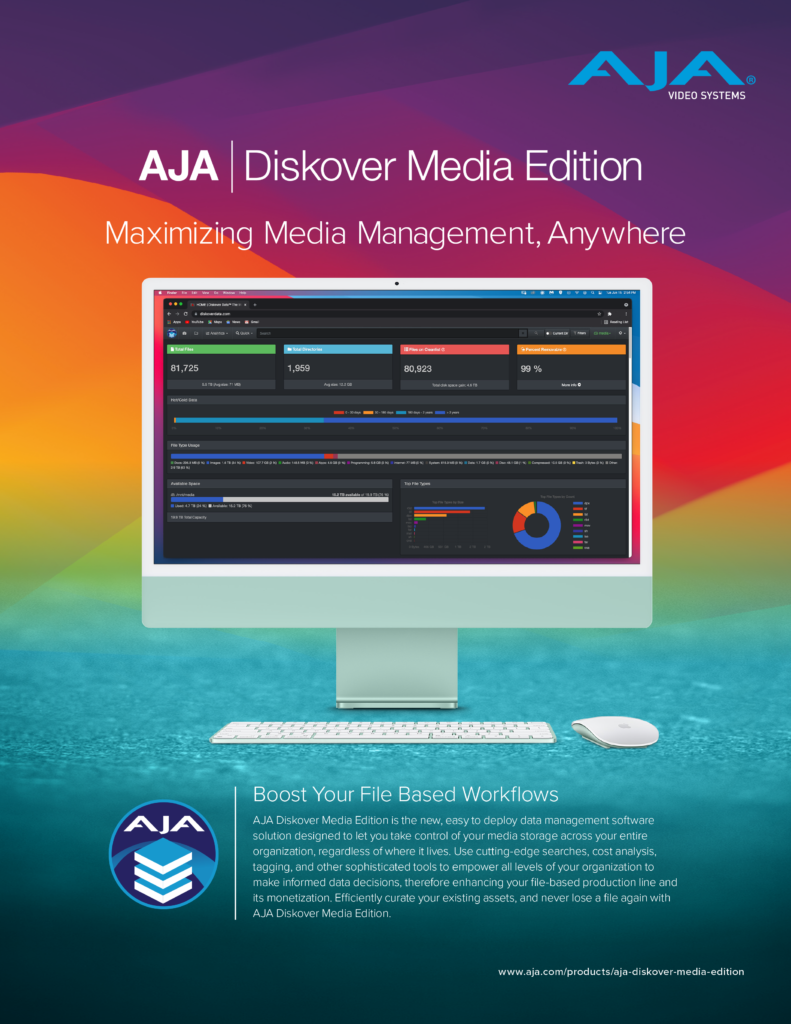 This poster is an ad for the official launch of the AJA Diskover Media Edition announced on October 12, 2021 and broadcasted during a NAB event.