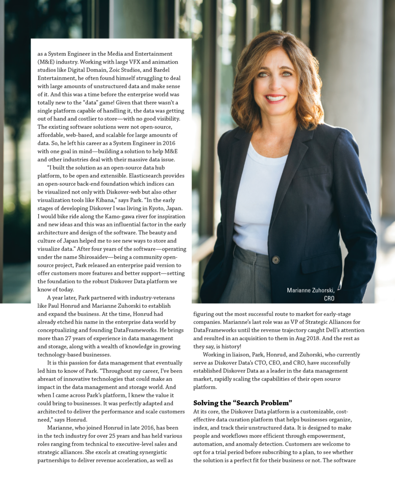 Diskover Data Curation Platform in CIO Magazine October 2021 and awarded Top Enterprise Search Provider 2021 - part of the article with photo of Marianne Zuhorski CRO of Diskover Data