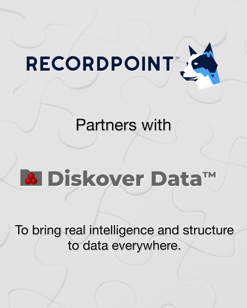 Image with RecordPoint and Diskover Data logos announcing an OEM partnership to bring real intelligence and structure to data everywhere.