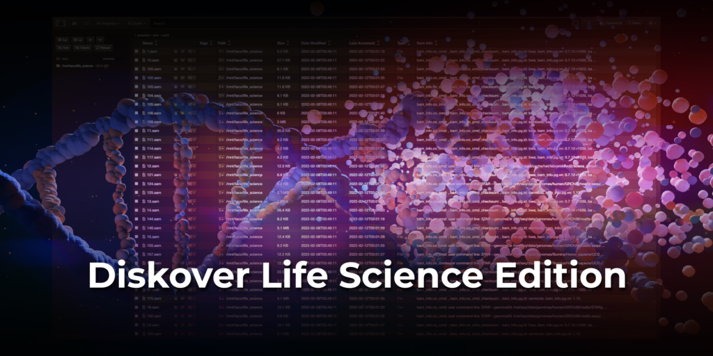 This image is a stylized version of the File Search page, with a DNA overlay, while comparing Indices from the Diskover Data user interface, and is used as a header for the Diskover Life Science Edition.