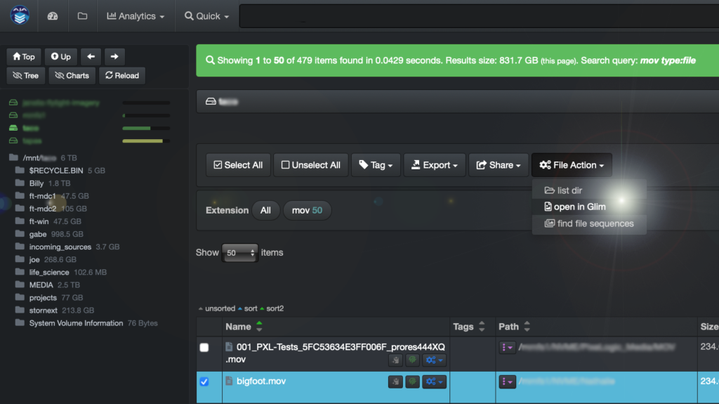 Image of the Diskover user interface showing how to launch the Telestream GLIM plugin.