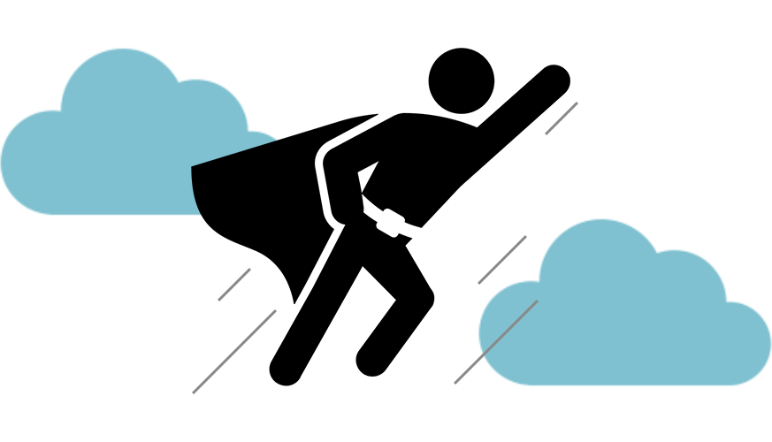 Icon representing a stick figure in a superman outfit which is used to identify Diskover powerful searches and actionable results, empowering all stakeholders and users to achieve sustainable data curation and management.