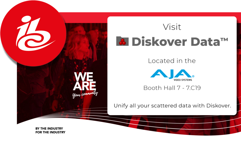 Image used as a header to announce that Diskover Data will be attending IBC 2022 and will be located in the AJA Video Systems booth.