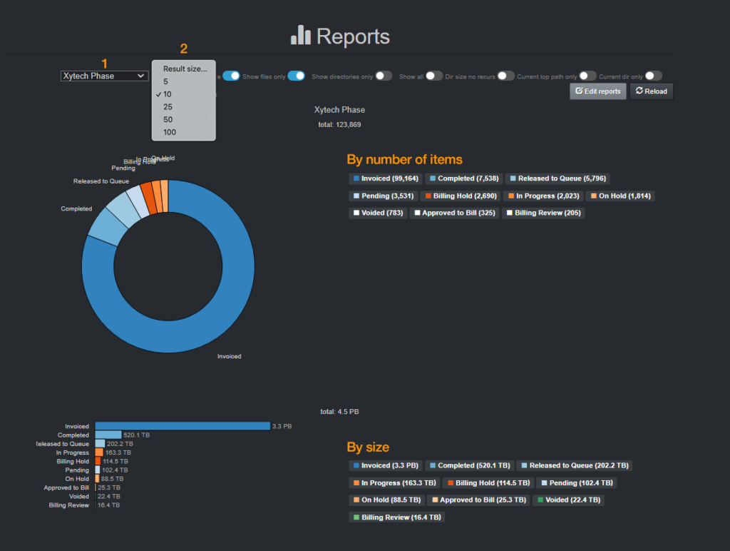 Example of customized Reports within Diskover using order status attributes harvested from Xytech Plugin available with the AJA Diskover Media Edition, giving business context for granular results.