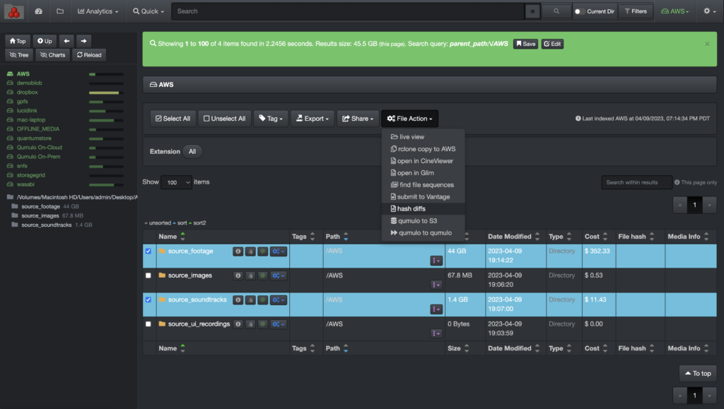 Screenshot of the Diskover user interface showing how to open File Action and select the hash differential plugin in order to validate data integrity after data migration.