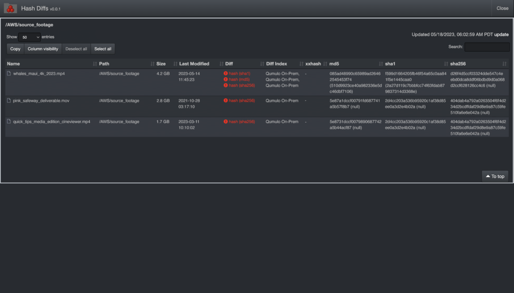 Screenshot of the Diskover user interface showing an example of a data corruption report following the launch of the hash differential plugin in order to validate data integrity after data migration.