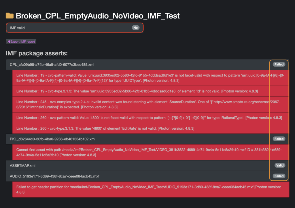 AJA Diskover Media Edition - Oxagile IMF Package Validator Plugin, examples of failed error messages if IMF package didn't pass the validation.