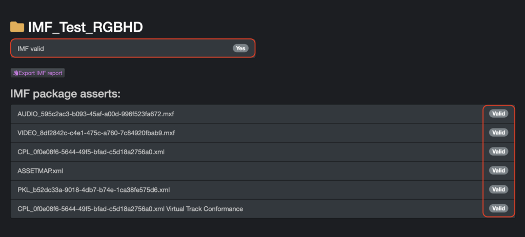 AJA Diskover Media Edition - Oxagile IMF Package Validator Plugin, example of successful validation report.