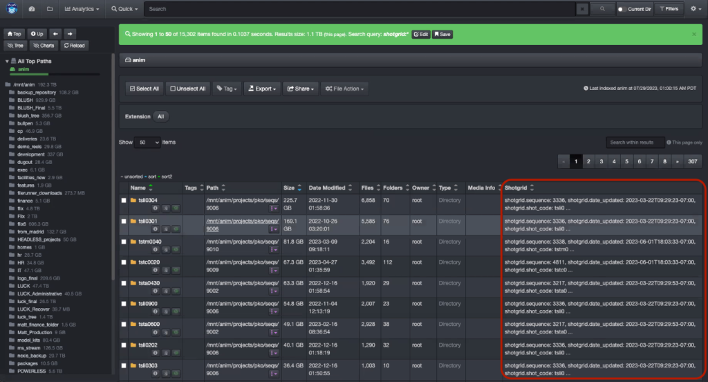 Diskover's search page shows Autodesk ShotGrid attributes indexed and summarized in a dedicated column.