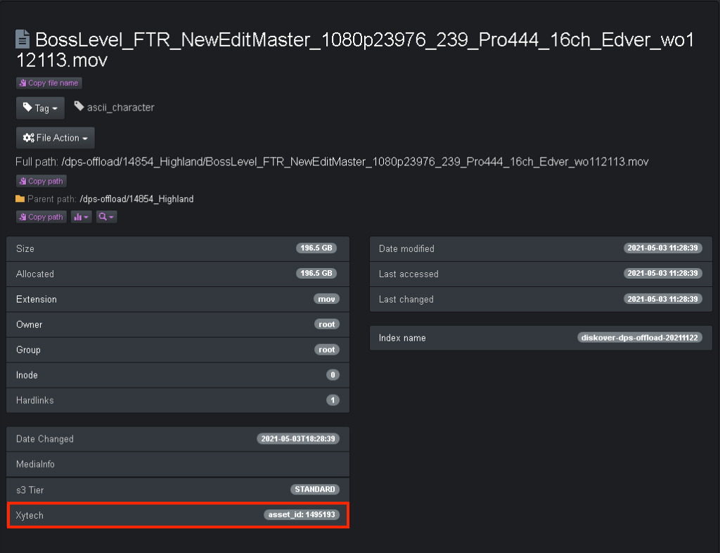 Image representing the Diskover file attributes reflecting the Xytech MediaPulse asset ID number following the rehydration of assets using the MediaPulse asset creation plugin