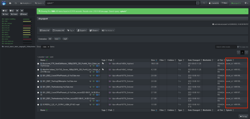 Image representing the Diskover file search page reflecting the Xytech MediaPulse asset ID number column in the results pane following the rehydration of assets using the MediaPulse asset creation plugin