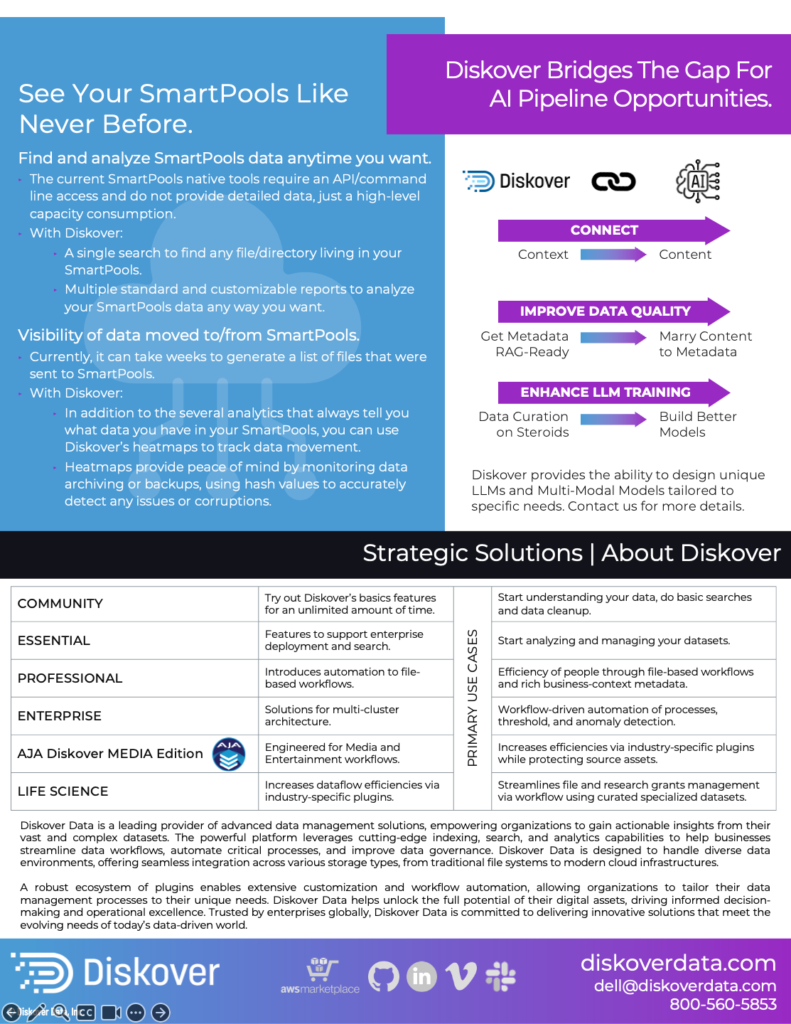 Solution Brief Page 4 of 4: Diskover integration with Dell PowerScale SmartPools. Unleash the full potential of your Dell Platform to optimize your data and AI pipelines. Diskover provides SmartPools telemetry data and searchable snapshots.