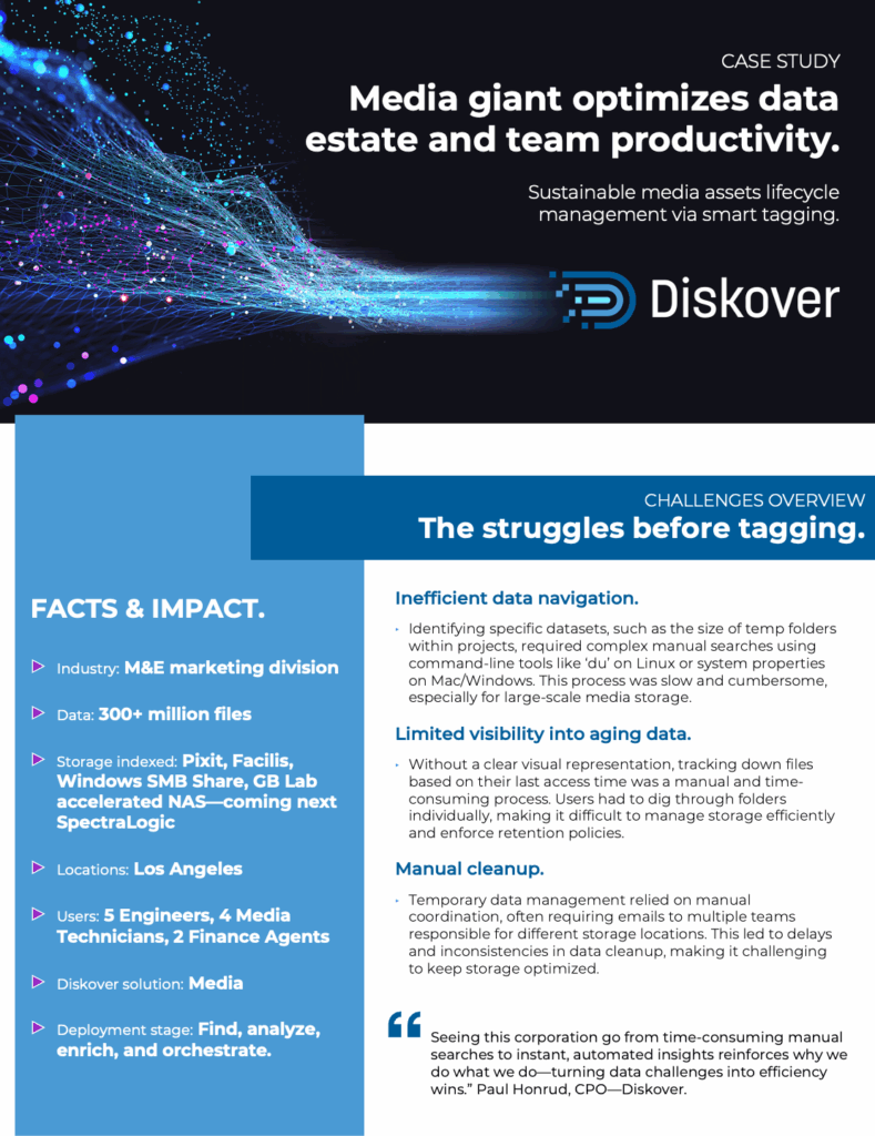 Diskover Case Study front page - Media giant optimizes data estate and team productivity through smart tagging.
