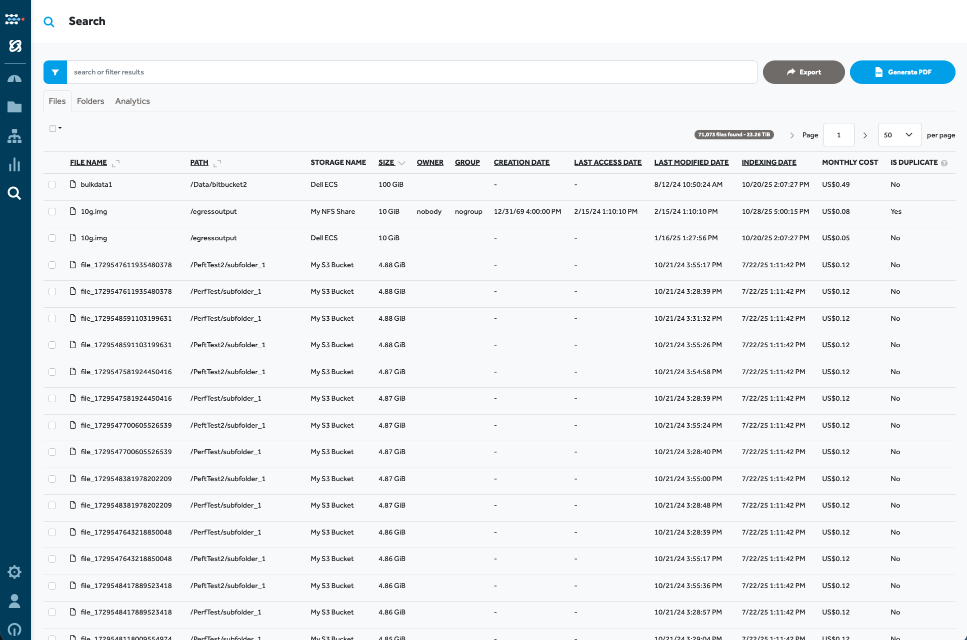 Diskover delivers a unified search experience across all your storage systems—on-prem, cloud, and hybrid. Instantly locate any file, view metadata like size, access dates, and cost, and export or report on results for deeper insight and smarter data decisions.