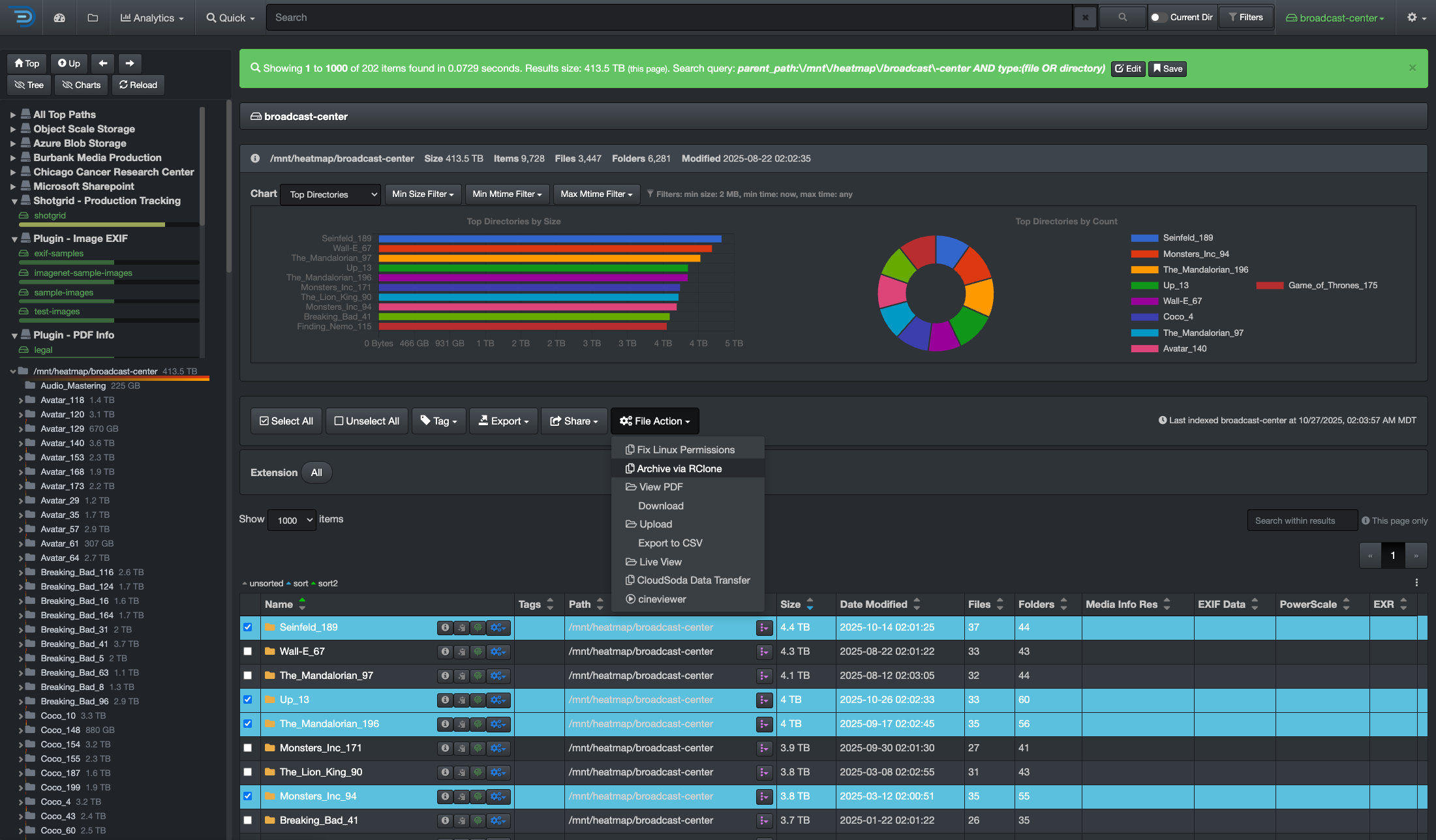 Diskover interface showing user-triggered data movement via the File Action menu. Demonstrates integration with RClone for archiving, along with analytics for directory size, file count, and cost visibility—empowering users to act directly from search results.