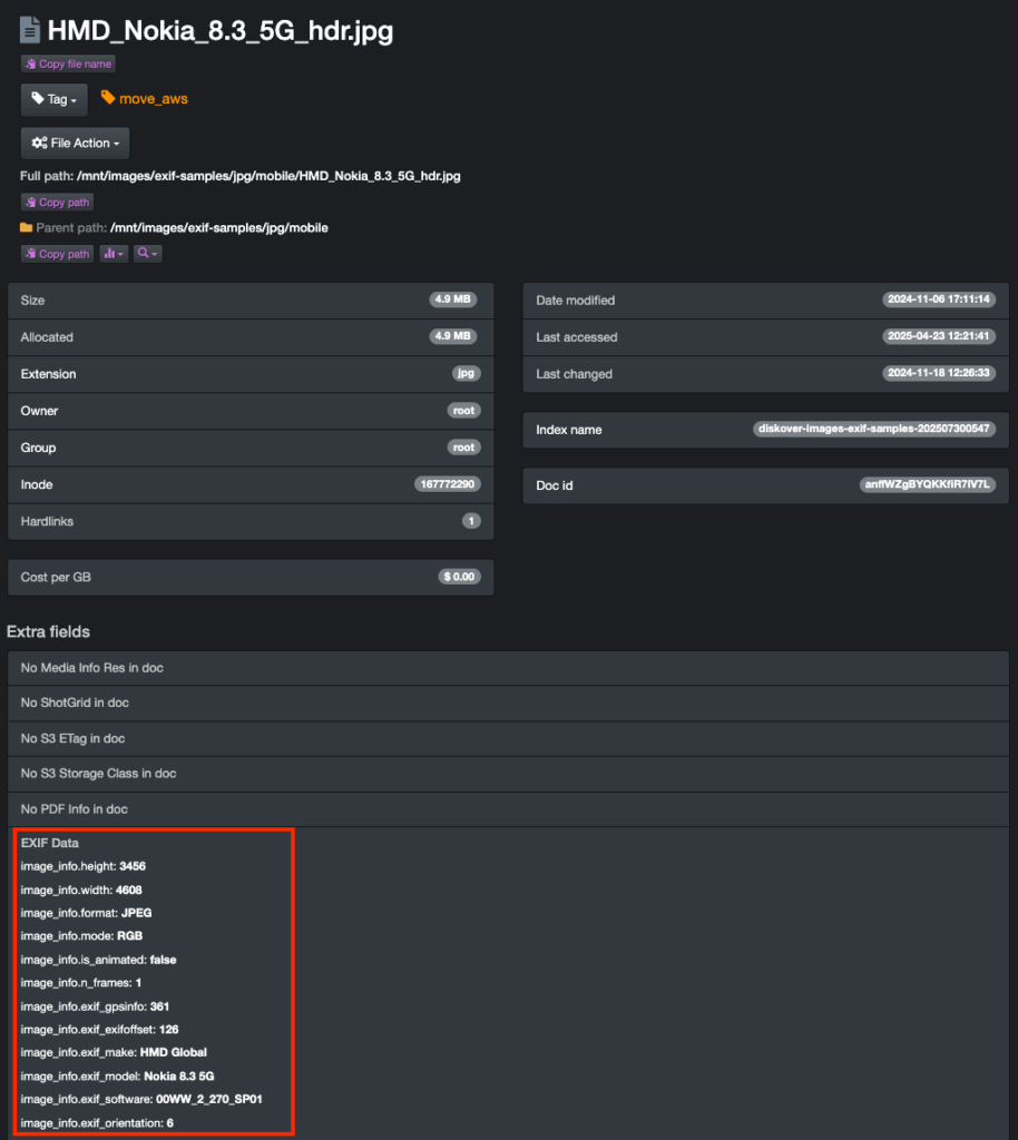 This screenshot demonstrates Diskover’s ability to extract and display EXIF metadata from image files. Key attributes such as image dimensions, format, color mode, device make and model, and software version are indexed alongside standard file metadata. By enriching visual assets with detailed EXIF information, Diskover enables users to search, filter, and analyze image libraries based on technical parameters — providing fast, read-only visibility into large-scale creative or archival datasets without accessing the original content.