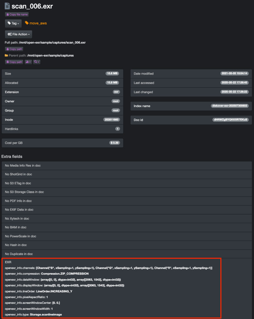 This screenshot highlights Diskover’s ability to harvest and display metadata from OpenEXR files through the OpenEXR Info Plugin. Technical attributes such as channel configuration, compression type, data and display window dimensions, pixel aspect ratio, and line order are automatically indexed alongside standard file information. By integrating OpenEXR metadata directly into the index, Diskover enables precise search, filtering, and analysis of high-fidelity image data used in VFX, animation, and post-production workflows — without requiring direct access to production storage.