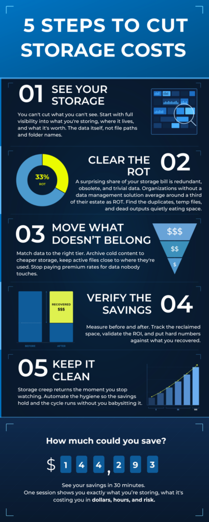 Infographic outlining five steps to cut storage costs: see your storage, clear ROT data, move misplaced files, verify savings, and keep storage clean.