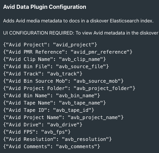 Diskover Avid plugin configuration listing 15 Avid metadata fields including project, clip name, tape ID, FPS, and resolution