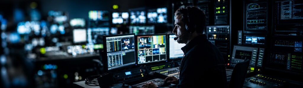 Post-production operator at a broadcast control room console, surrounded by monitors during a late shift