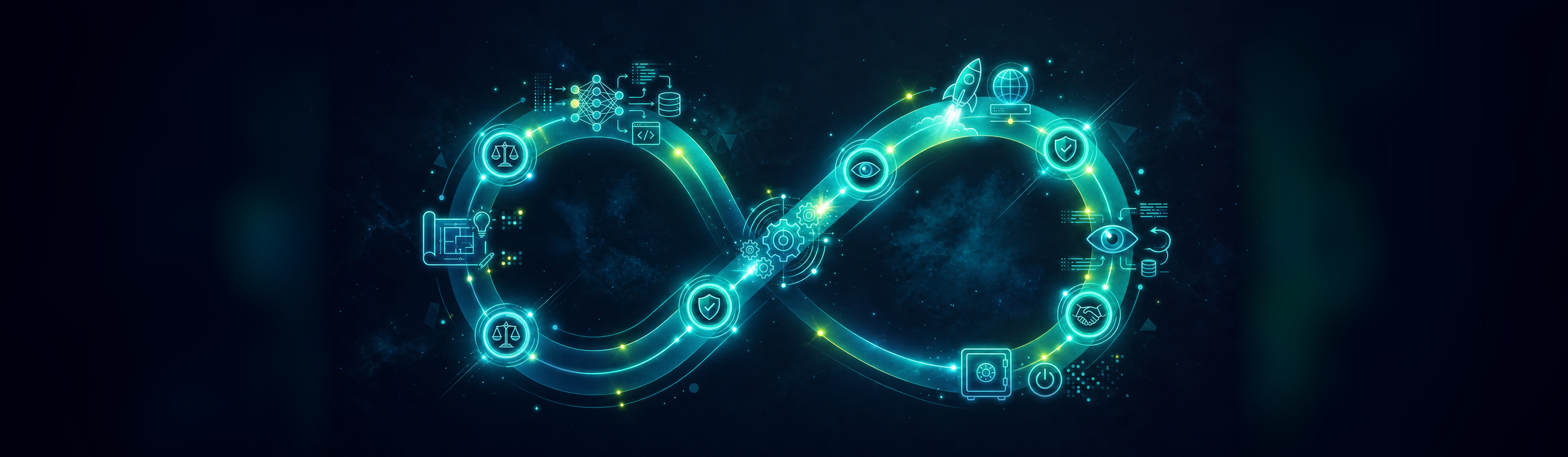 Glowing infinity loop showing the continuous data automation lifecycle, with icons for AI, code, security, governance, and deployment representing insight turning into action.