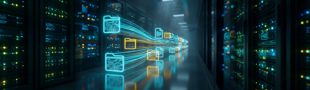 Files and folders streaming as light through a data center aisle, representing unstructured data in motion