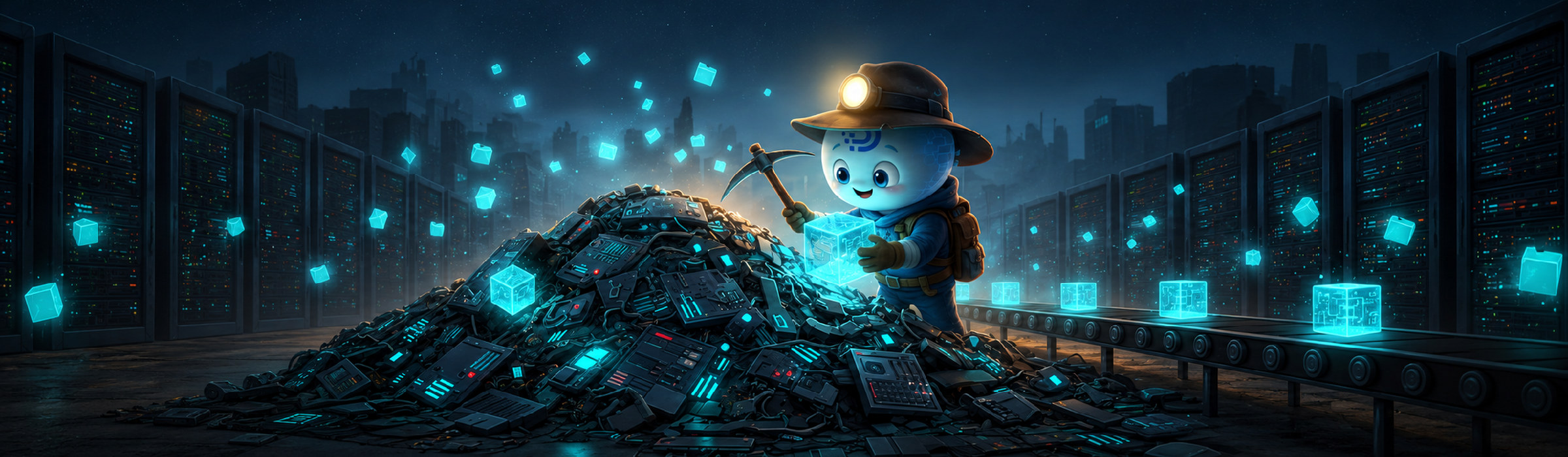 Illustration of a digital archaeologist with a headlamp lifting a glowing data cube from a mound of discarded storage hardware.