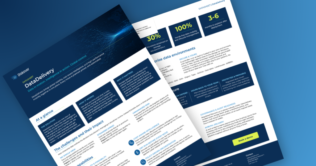 Diskover DataDelivery datasheet, two pages, showing at a glance, challenges and impact, core capabilities, key figures, outcomes and common use cases
