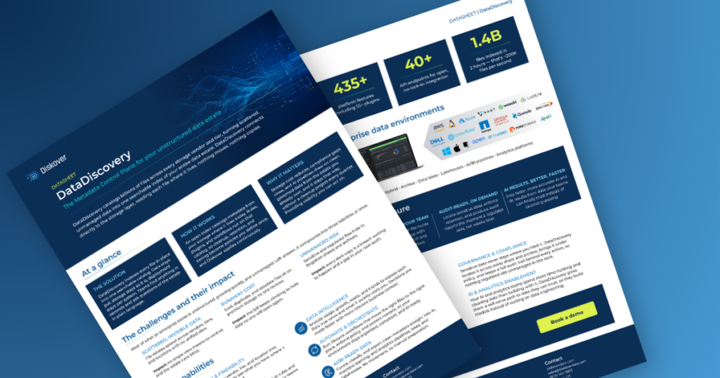 Diskover DataDiscovery datasheet, two pages, showing at a glance, challenges and impact, capabilities, key figures and supported platforms