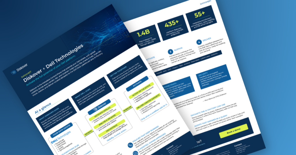 Diskover + Dell Technologies datasheet, two pages, showing at a glance, how Diskover connects a Dell data estate to the Dell Data Lakehouse and AI Factory, key figures, and the activate, sustain and deliver steps