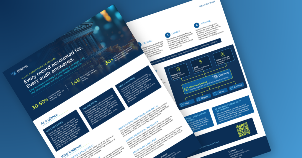 Diskover solution brief for financial services, two pages, showing key figures, at a glance, why Diskover, how it works, a catalog diagram for regulators, finance and data science, and key outcomes