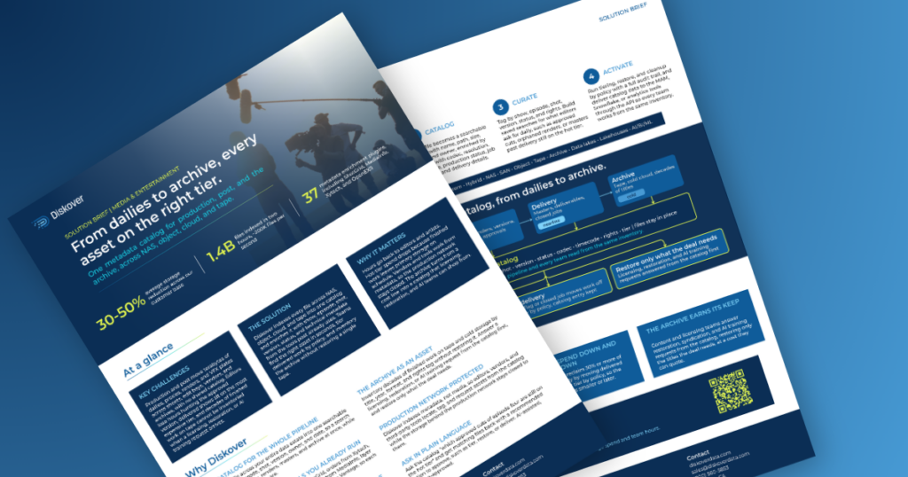 Diskover solution brief for media and entertainment, two pages, showing key figures, at a glance, why Diskover, how it works, the dailies to archive catalog diagram, and key outcomes