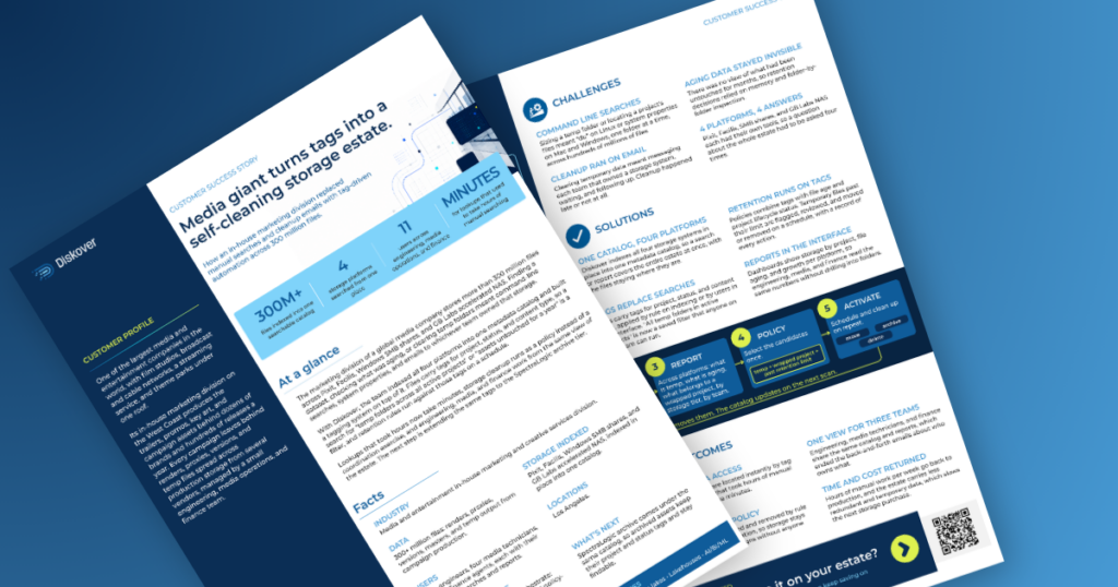 Diskover customer success story, two pages, showing a media company's customer profile, key figures, challenges, solutions, the tag, policy and activate workflow, and outcomes