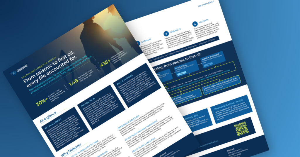 Diskover solution brief for oil and gas, two pages, showing key figures, at a glance, why Diskover, how it works, the seismic to first oil catalog diagram, and key outcomes