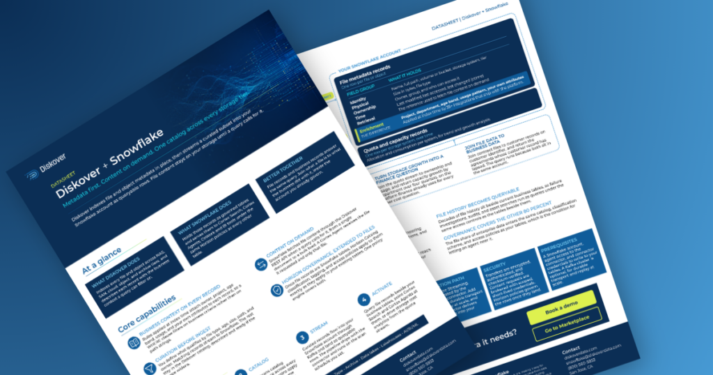 Diskover + Snowflake datasheet, two pages, showing at a glance, core capabilities, how it works, the metadata records that stream into Snowflake, worked queries, business outcomes, and deployment and security