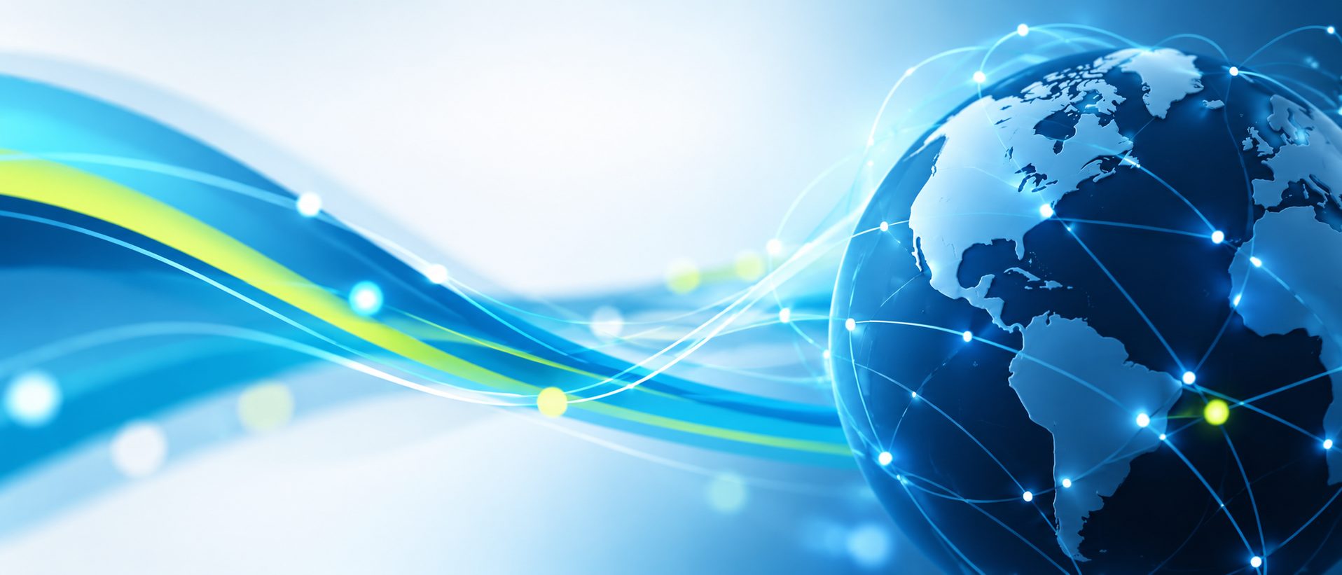 A dark blue globe wrapped in glowing network lines and connection points, with blue and green light trails sweeping across a pale background