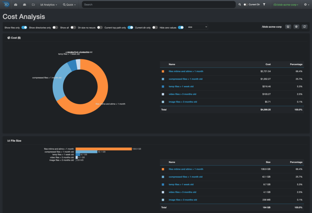 Cost Analysis showing the monthly cost of untouched, compressed, temporary, video, and image files on one cloud container