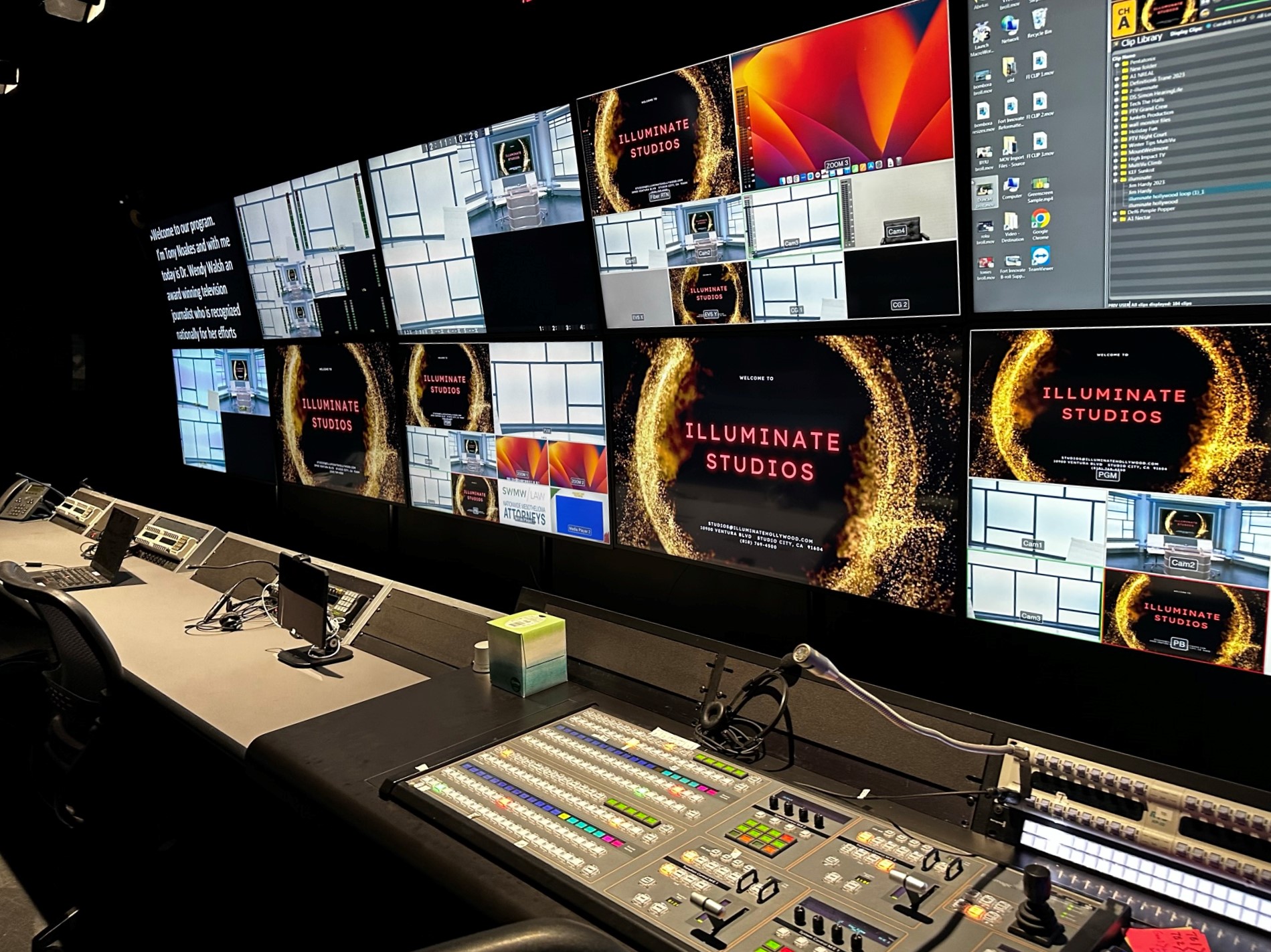 Illuminate Hollywood control room, with camera feeds and the studio clip library on the multiviewer wall above the vision mixer