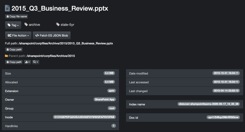 Diskover file record showing the base metadata fields in an unstructured data inventory: full path, size, owner, extension, and dates.