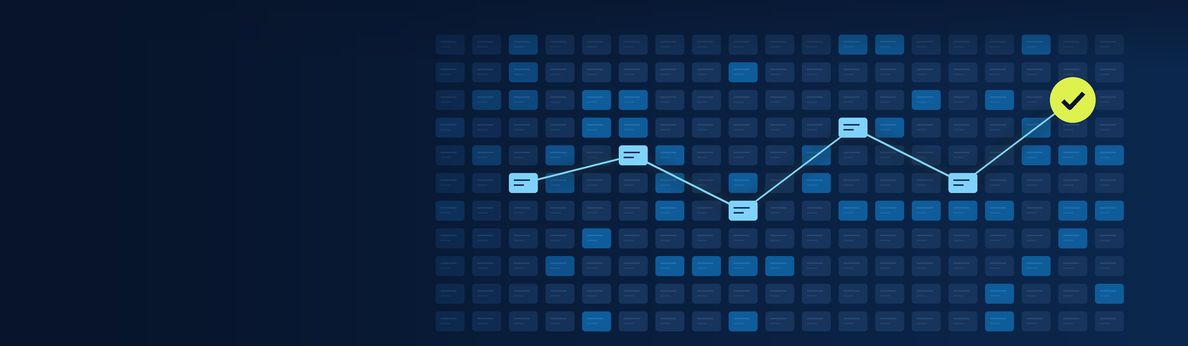 Agent-ready data shown as a navy grid of file records, with a path through selected records ending at an approval check mark.