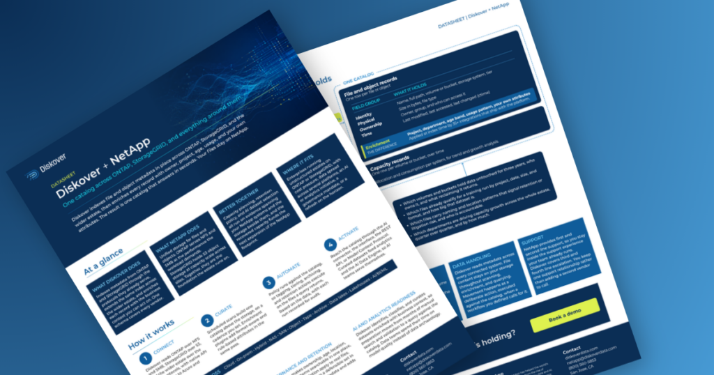 Cover of the Diskover + NetApp datasheet: one catalog across ONTAP, StorageGRID, and the wider estate
