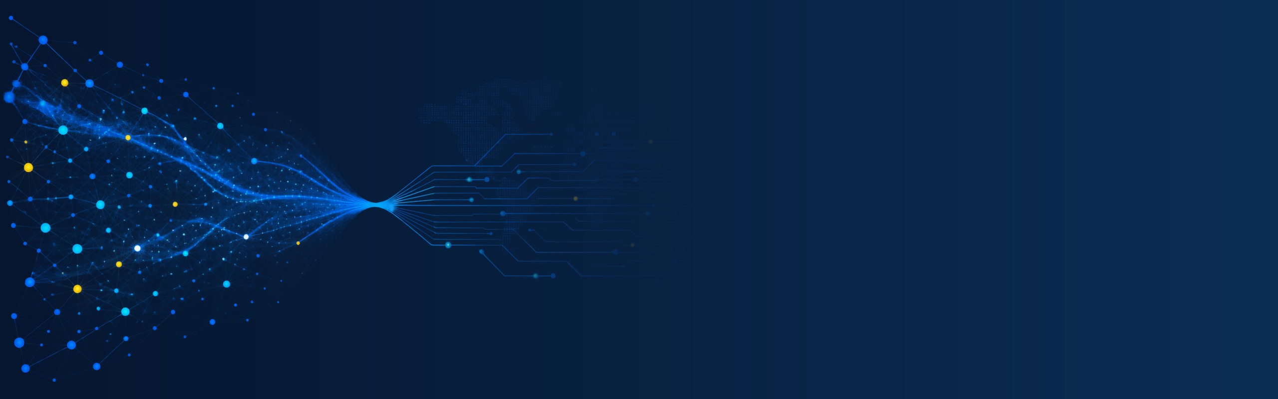 Scattered data points flowing into a single stream that becomes organized data paths across a world map.